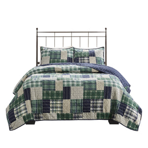 English Elm 3 Piece Timber Reversible Quilt Set King/Cal King - Rustic Green Navy Patchwork, Windowpane Reverse, Cotton-Rich Comfort B03597592