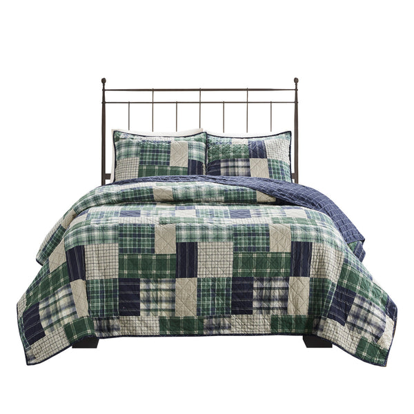 English Elm 3 Piece Timber Reversible Quilt Set King/Cal King - Rustic Green Navy Patchwork, Windowpane Reverse, Cotton-Rich Comfort B03597592