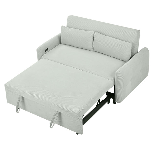 English Elm 57.48" Pull-out Sofa Bed Loveseat with USB Ports, Corduroy Upholstery, Pocket Spring Comfort, Compact Convertible Sleeper Pale Green N719P185194E