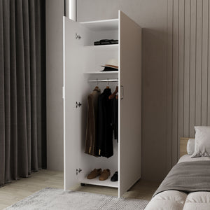 English Elm FM Pisinemo Armoire 2-Door Wardrobe with Hanging Rod, Upper Shelves, White Melamine Finish, 71"H B128S00049