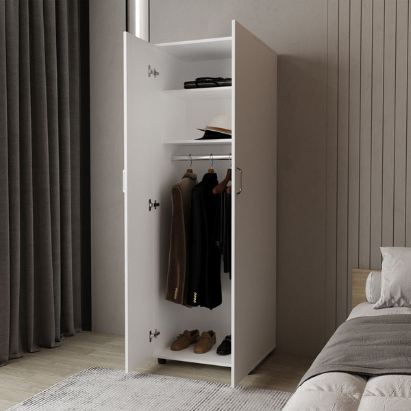 English Elm FM Pisinemo Armoire 2-Door Wardrobe with Hanging Rod, Upper Shelves, White Melamine Finish, 71"H B128S00049
