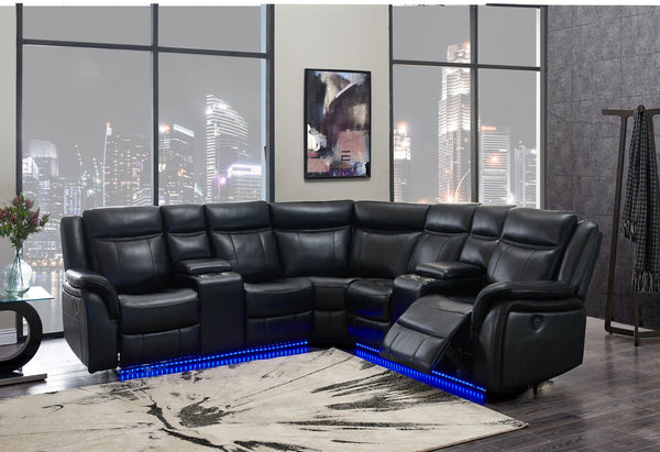 English Elm JUPITER Black Leather Sectional with Blue LED Lighting, Dual Recliners, 63" Total Recline Elegance B201S00129