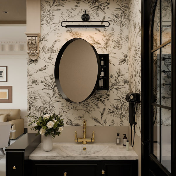 English Elm 23.6 Inch Round Matte Metal Medicine Cabinet with Mirrored Door and Adjustable Shelves Black W1435P312263