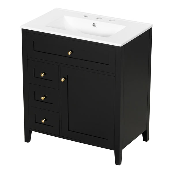 English Elm 30-Inch Contemporary Bathroom Vanity with Sink, MDF & Rubberwood, Glossy Finish, 3 Drawers + Cabinet Black N725P350819B