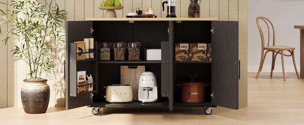 English Elm K&K Farmhouse Kitchen Island with Geometric Twill Doors, ASH Bark Top, Drop Leaf & Lockable Wheels Black N707P221444B