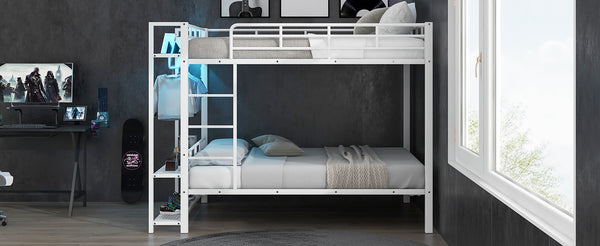 English Elm Full Size Metal Bunk Bed With Led Lights, Storage Shelves & Hooks - Stylish Space-Saver In White N7090000667K