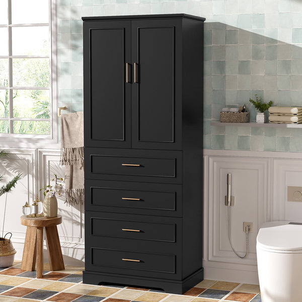 English Elm 72.2'' Tall Freestanding Bathroom Cabinet with 3 Drawers, Adjustable Shelf, Soft-Close Doors, Modern Elegant Design Black N729P296769B