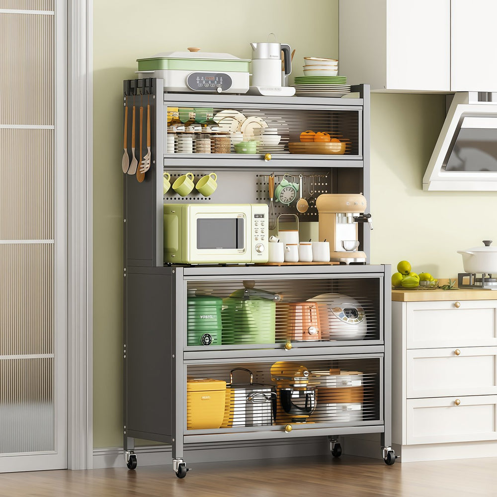 English Elm 64" 5-Tier Kitchen Pantry Cabinet on Wheels with Transparent Flip Doors, DIY Pegboard, Heavy-Duty Metal Storage Rack W3204P300624
