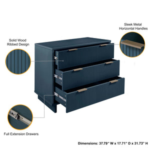 English Elm Granville 38" Dresser In Luxurious Midnight Blue - 3 Drawers, Ribbed Design, Gold Hardware, Modern Glam B365S00077