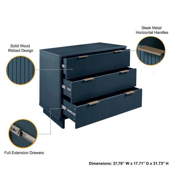 English Elm Granville 38" Dresser In Luxurious Midnight Blue - 3 Drawers, Ribbed Design, Gold Hardware, Modern Glam B365S00077