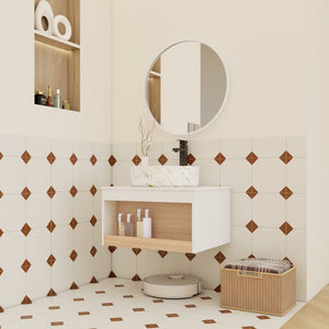 English Elm 24" Floating Bathroom Vanity White Oak Open Shelf Ceramic Vessel Sink Modern Bath W3450S00053