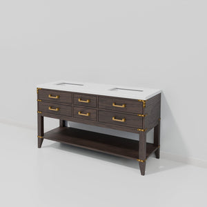 English Elm Brown Oak Double Bath Vanity With Cultured Marble Top - Elegant Storage & Soft-Close Features B2731P260252