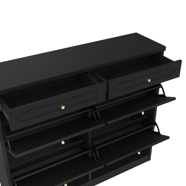 English Elm Wooden Farmhouse Entryway Shoe Cabinet with Six Drawers for Organized Hallway Storage Black W1580P402824