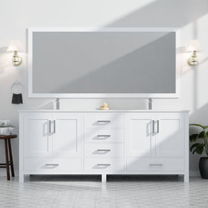English Elm White Double Bath Vanity 84" W x 22" D with Scratch-Resistant Cultured Marble Top, Chrome Faucet & 34" Mirror B2731S01113