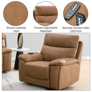 English Elm Chavis Brown Leather Aire Power Recliner with USB, Dual Motors, Power Lumbar & Headrest Remote B2726P406280