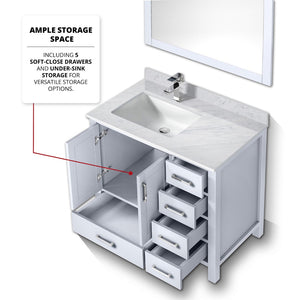 English Elm White Bath Vanity Set With Left Offset Carrara Marble Top, Faucet, And 34-In. Mirror For Stylish Upgrades B2731S01256-GIGA
