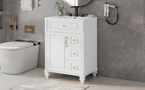 English Elm 24 Inch Freestanding Bathroom Vanity Solid Rubberwood Ceramic Sink Matte Finish Storage White N725P375626K