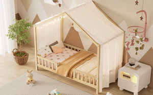 English Elm Montessori House Bed Frame Twin with Canopy & Full Guardrails, Cozy Kids Platform Bed for Toddlers Natural 81.5 L x 16 W x 6.6 H N733P356043M