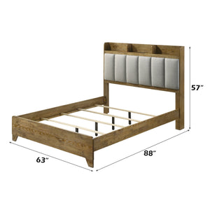 English Elm Garcia Eastern King Bed with USB Ports, Aspen Brown Fabric Upholstery, Solid Rubberwood Frame Light Brown 85.04 L x 7.48 W x 9.45 H B2726S00540