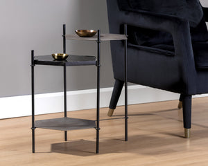 Sunpan Hexall Side Table – Industrial Chic with Hexagonal Shelves, Antique Brass & Black Marble Elegance