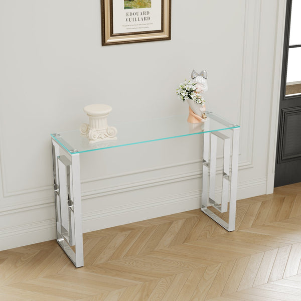 English Elm Console Minimalist Stainless Steel Glass Console Table with Reinforced Top, Sleek Space-Saving Design Silver,Transparent W1727P195277