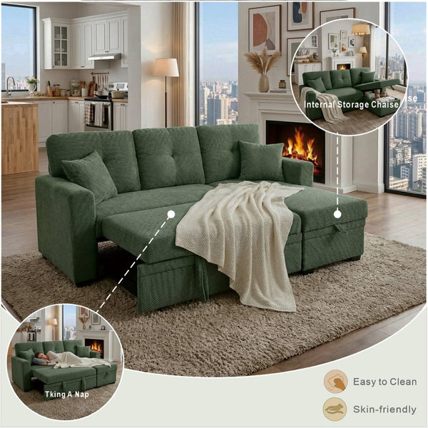 English Elm Sleeper Sectional with Storage Chaise Tufted Polyester Sofa Bed for Small Spaces W5568S00041