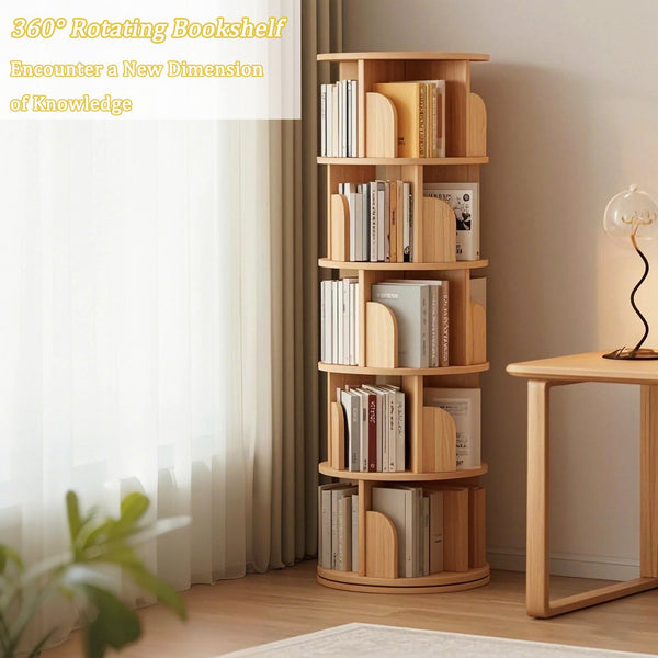 English Elm 5 Tier Rotating Bookshelf Tower with Curved Edges, 360° Smooth Spin, Stable Double-Layer Base, Space-Saving Storage Wood W3204P293742