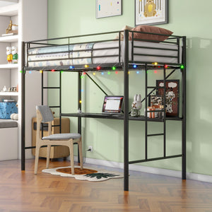 English Elm Twin Metal Loft Bed with Desk, LED Mood Lights, Full Safety Guardrails, Built-in Power Outlet & USB W840P192240