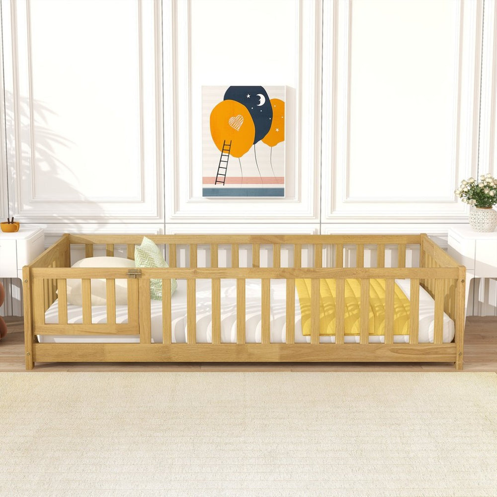 English Elm Twin Size Rubberwood Floor Bed with Safety Fence for Toddler Rooms Natural Finish W504P370531