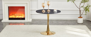 English Elm Round Faux Marble Tulip Pedestal Dining Table Mid Century Modern for Small Bistro Spaces Gold,Gray W2920P405351