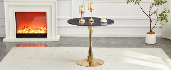 English Elm Round Faux Marble Tulip Pedestal Dining Table Mid Century Modern for Small Bistro Spaces Gold,Gray W2920P405351