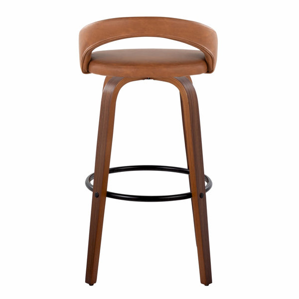 English Elm Fixed-height Swivel Barstools Walnut Bentwood Camel Faux Leather Kitchen Set of 2 B202S01857