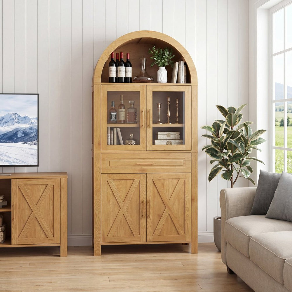 English Elm 71" Arched Glass Barn Door Pantry Cabinet Farmhouse Mdf Storage for Kitchen Dining Oak W2917S00017