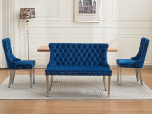 English Elm Velvet Wingback Dining Bench Tufted Two Seat Mid Century Modern Brushed Steel Base Blue W1143P406981