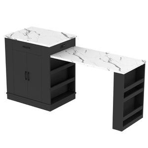 English Elm Extendable Kitchen Island Console with Open Shelving Drawers and Cabinet in Matte Black W1580S00274