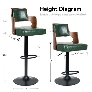 English Elm Swivel Bar Stools Set Of 2 - Modern Dark Green Pu Leather With Adjustable Height & 360° Swivel T3950P396626-GIGA