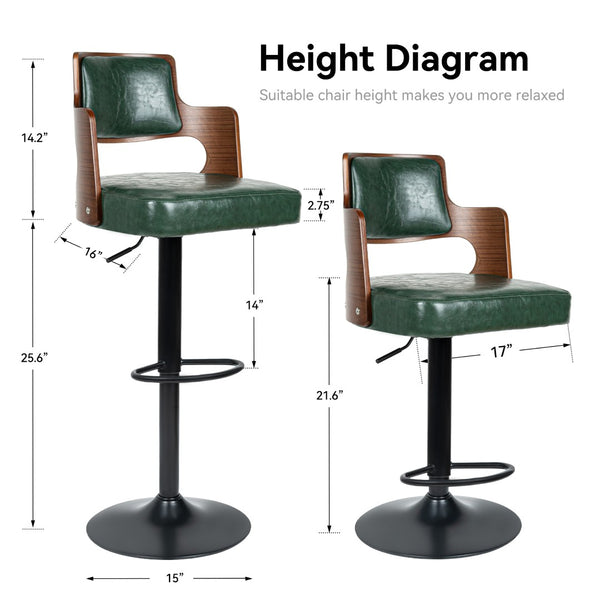 English Elm Swivel Bar Stools Set Of 2 - Modern Dark Green Pu Leather With Adjustable Height & 360° Swivel T3950P396626-GIGA