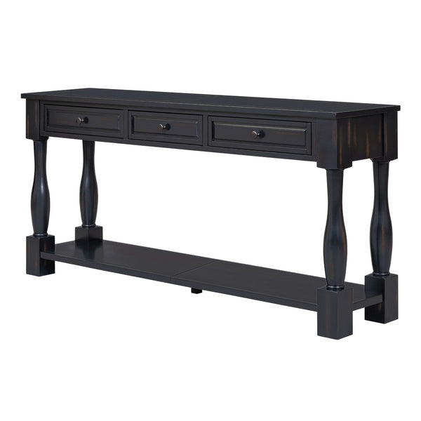English Elm Trexm Distressed Entryway Console Table Three Drawers Open Shelf Mediterranean Wood Espresso N715P372052B