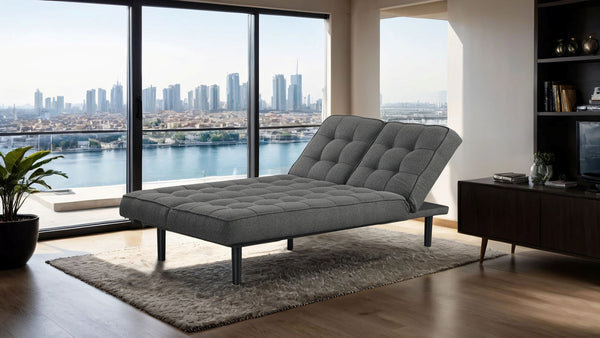 English Elm Dark Gray Futon Sofa With Biscuit Tufting – Adjustable Headrest, Converts To Chaise Or Bed Comfortably B2741P314816