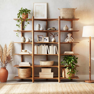 English Elm 6 Tier Acacia Veneer Bookshelf Open Storage Unit Heavy Duty Pine Wood Frame Display N758P412462N