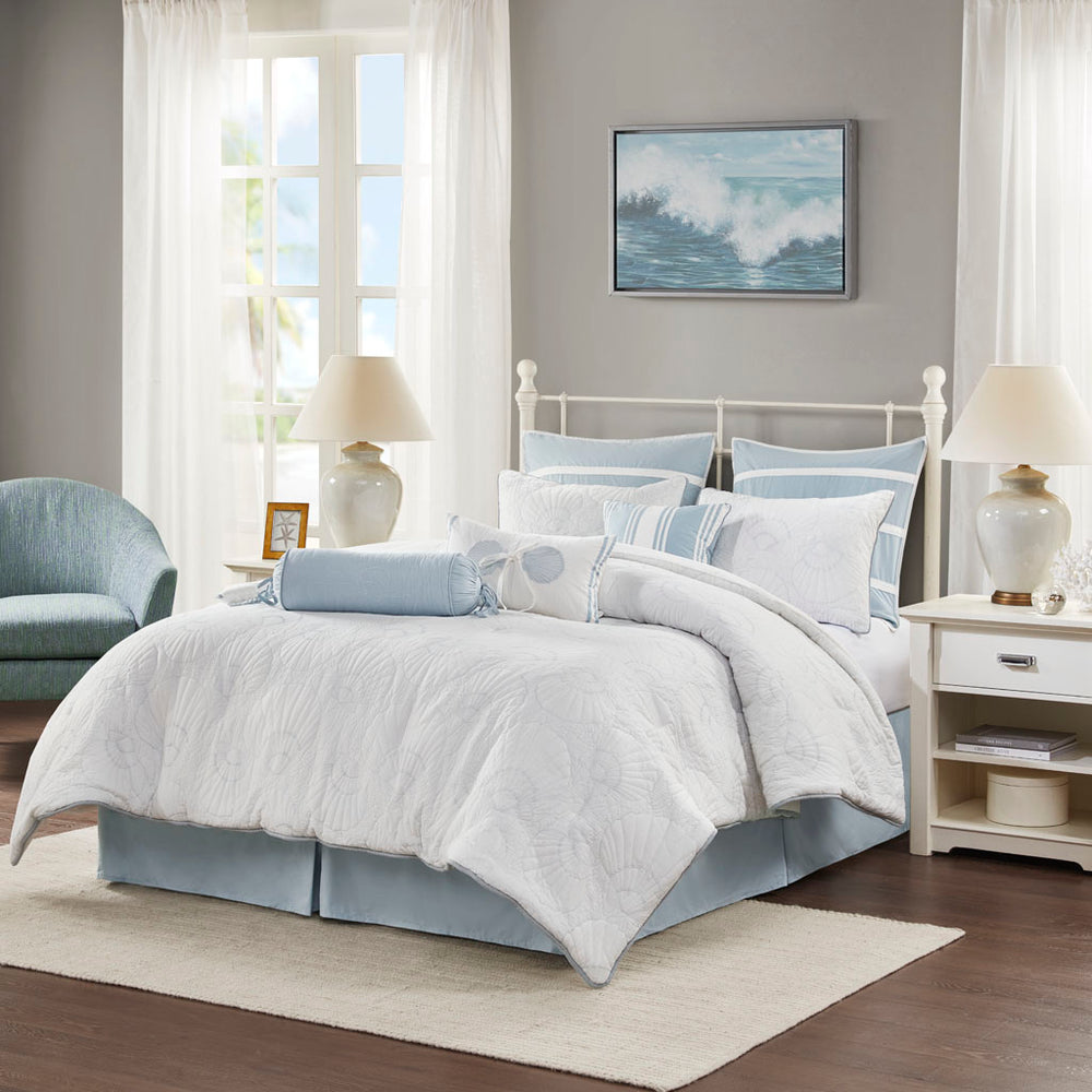 JLA Home Harbor House Blue - Comforter Coastal Cotton Set with Blue Seashell Quilting, Solid Blue Bed Skirt, Breathable Year-Round Comfort HH10-703