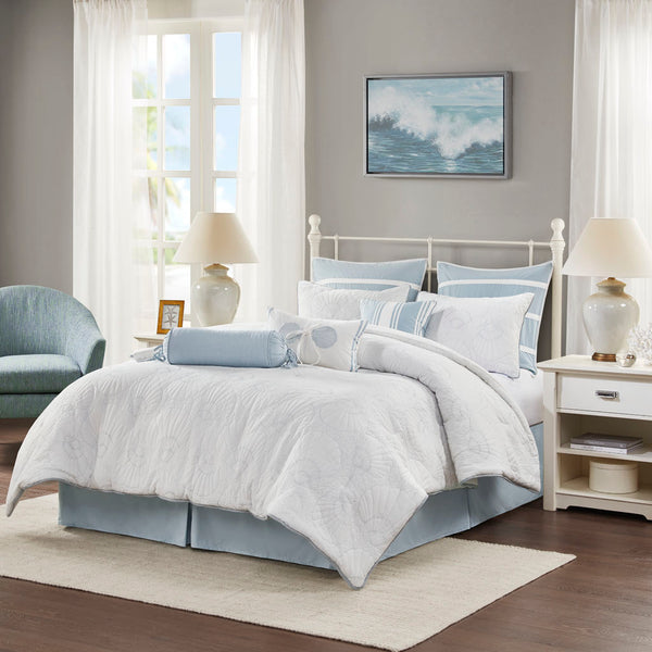 JLA Home Harbor House Blue - Comforter Coastal Cotton Set with Blue Seashell Quilting, Solid Blue Bed Skirt, Breathable Year-Round Comfort HH10-703