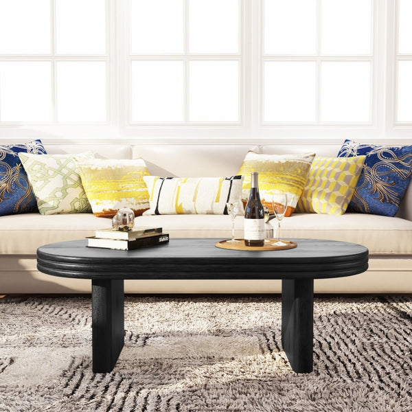 English Elm Mid Century Modern Oval Fluted Coffee Table with Wood Veneer for Living Room Black W757P370255