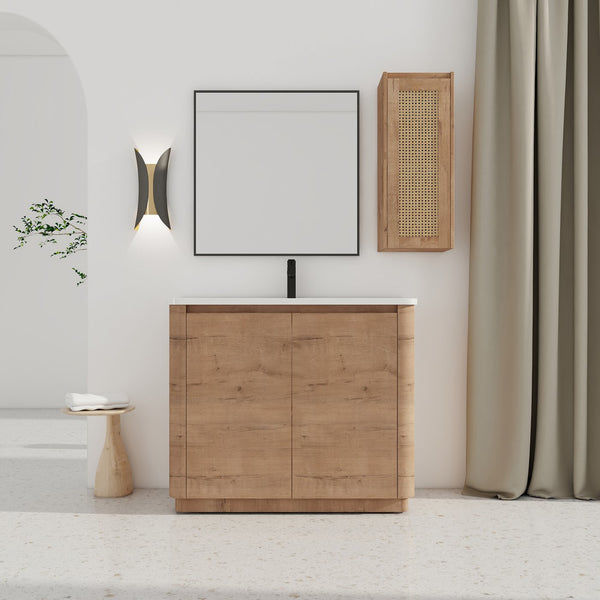 English Elm 40'' Freestanding Bathroom Vanity With Ceramic Sink, Soft-Close Doors & Side Cabinet For Stylish Storage W999S00404