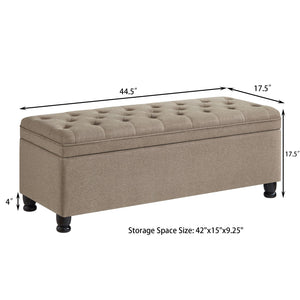 English Elm Upholstered tufted storage bench with spindle wooden legs, faux leather ottoman with ample hidden space Linen W2186P151306