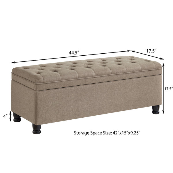 English Elm Upholstered tufted storage bench with spindle wooden legs, faux leather ottoman with ample hidden space Linen W2186P151306