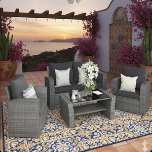 English Elm 4-piece Outdoor Wicker Conversation Set with Tempered Glass Table and Resort Style Black+Brown B082S00058