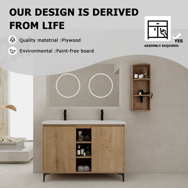 English Elm 48" Freestanding modern bathroom vanity with integrated white resin sink, soft-close doors, durable plywood finish Imitative Oak W999S00345