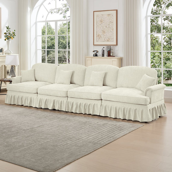 English Elm Elegant Four-Seater Chenille Sofa With Removable Ruffled Skirts, Flared Arms & Spindle Legs For Cozy Living Spaces W3041S00238