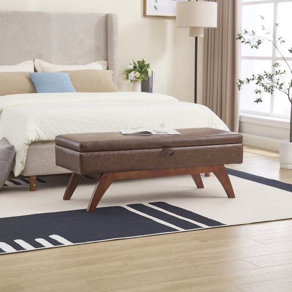 English Elm COOLMORE Teddy fabric storage bench with solid wood feet, hidden compartment for tidy bedroom organization Brown PU W1539P242720